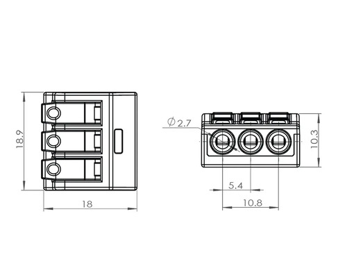 Teknisk ritning av en 3-polig kopplingsplint med måttangivelser
