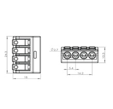Teknisk ritning av en kopplingsplint med fyra anslutningar och måttangivelser.