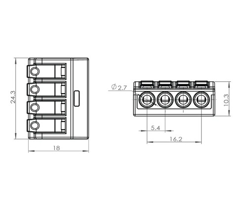Teknisk ritning av en kopplingsplint med fyra anslutningar och måttangivelser.
