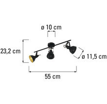 Taklampa med tre spotlights och storleksinformation