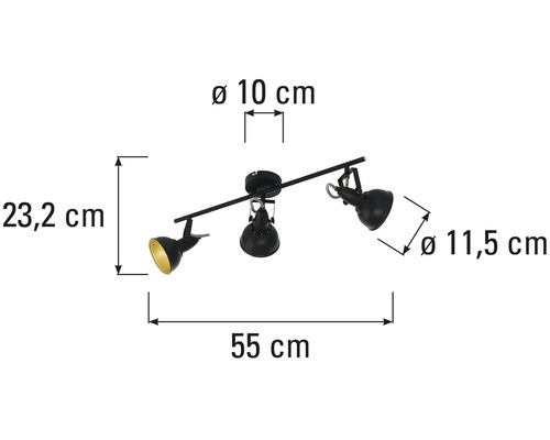 Taklampa med tre spotlights och storleksinformation