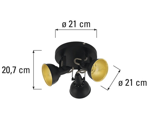 Taklampa med tre spotlights och måttangivelser