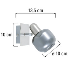 Vägglampa med måtten 13,5 cm längd, 10 cm höjd och 10 cm diameter