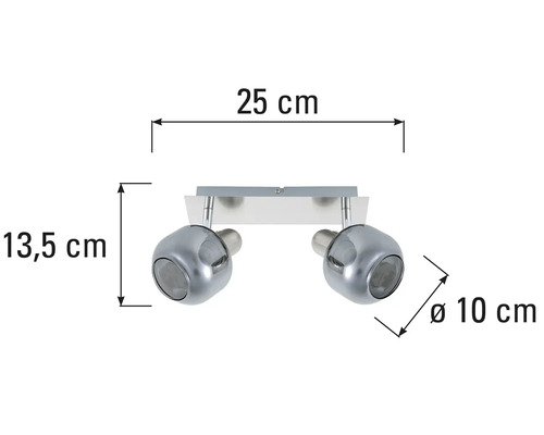 Taklampa med två spotlights och måtten 25 cm bred, 13,5 cm hög och 10 cm i diameter