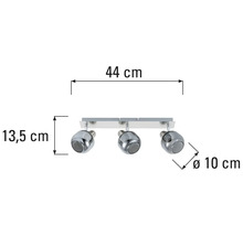 Taklampa med tre spotlights och måttangivelser