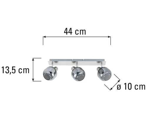 Taklampa med tre spotlights och måttangivelser