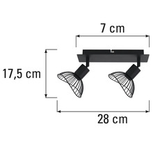 Mått på en svart taklampa med två spotlights