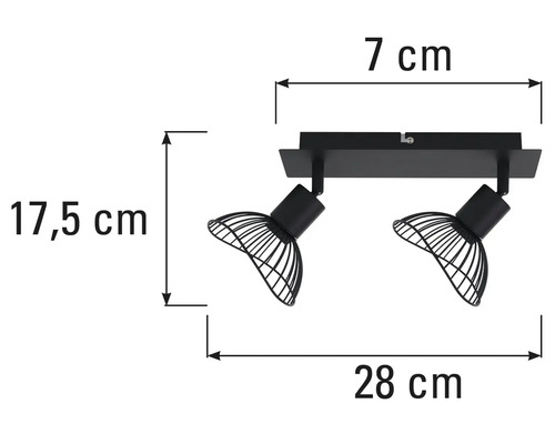 Mått på en svart taklampa med två spotlights