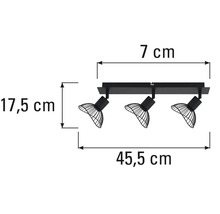 Mått på en svart taklampa med tre spotlights.