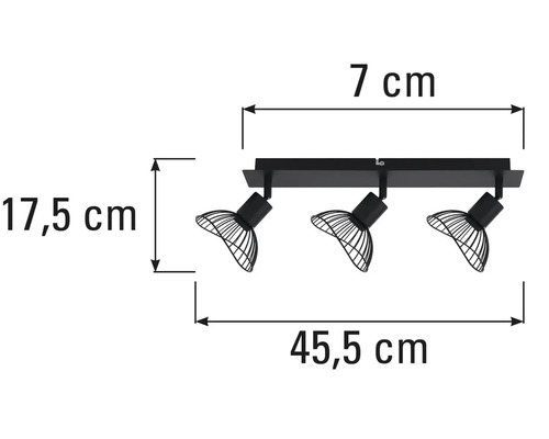 Mått på en svart taklampa med tre spotlights.