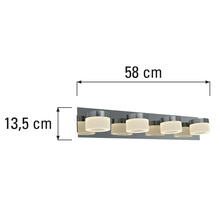 Mått på en badrumslampa: 58 centimeter bred och 13,5 centimeter hög.