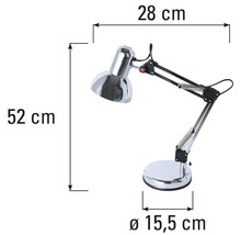 Ritning av en skrivbordslampa med måtten 28, 52 och 15,5 centimeter