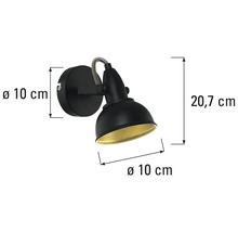 Svart vägglampa med måtten 20,7 centimeter hög och 10 centimeter i diameter.
