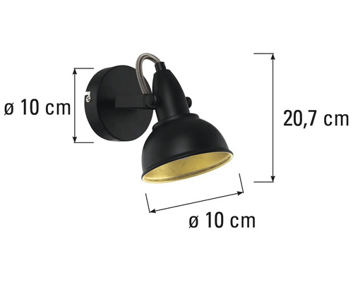 Svart vägglampa med måtten 20,7 centimeter hög och 10 centimeter i diameter.