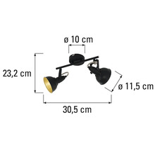 Mått på en svart taklampa med två spotlights.