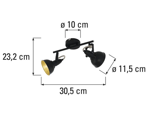 Mått på en svart taklampa med två spotlights.