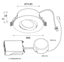 Teknisk ritning av en infälld spotlight med dimensioner