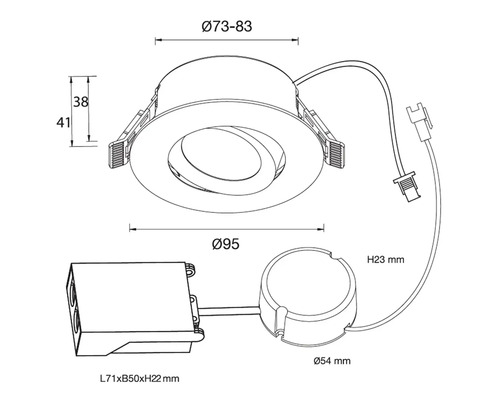 Teknisk ritning av en infälld spotlight med dimensioner