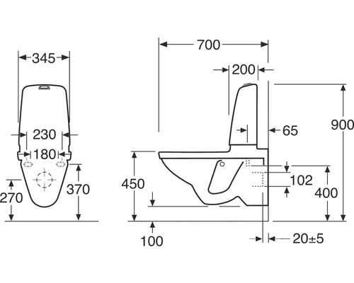 Teknisk ritning av en toalett med mått
