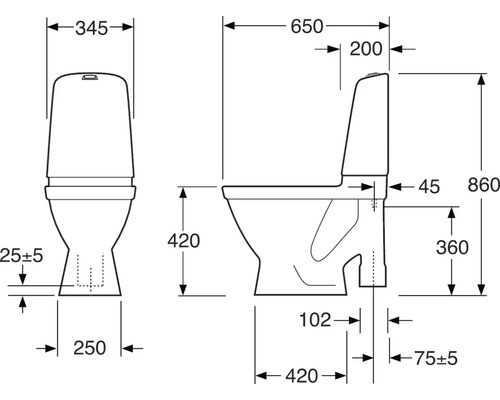 Teknisk ritning av en toalett med mått