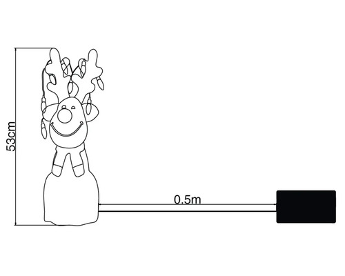 Skiss av en 53 centimeter hög renfigur med ljusslinga och 0,5 meter lång strömkabel