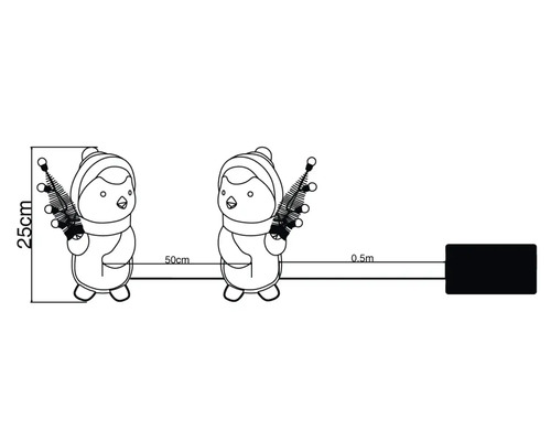 Bild av en ljusslinga med pingvinmotiv och måttangivelser