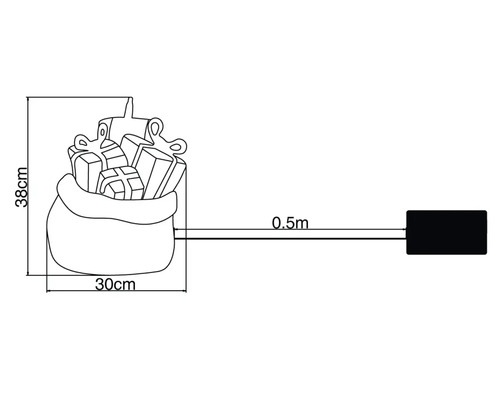 Ritning av en jultomtesäck med presenter och mått: 38 centimeter hög, 30 centimeter bred, 0,5 meter kabellängd.