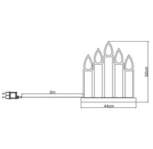 Teknisk ritning av en ljusslinga med fem ljus, 44 cm bred och 52 cm hög, med en fem meter lång sladd.