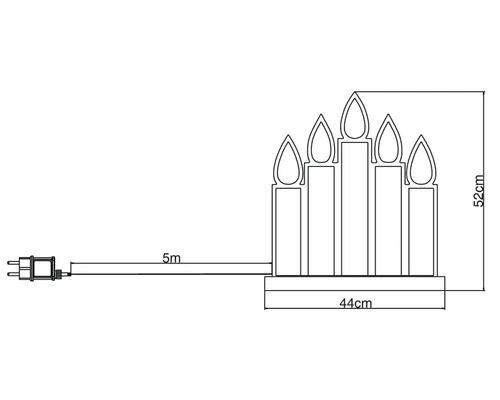 Teknisk ritning av en ljusslinga med fem ljus, 44 cm bred och 52 cm hög, med en fem meter lång sladd.