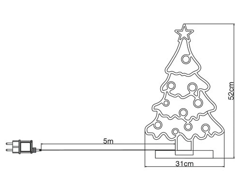 Ritning av en 52 centimeter hög julgran med en 5 meter lång strömkabel och en kontakt