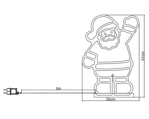 Mått på jultomtens ljusfigur: 51 cm hög och 35 cm bred, kabellängd 5 meter