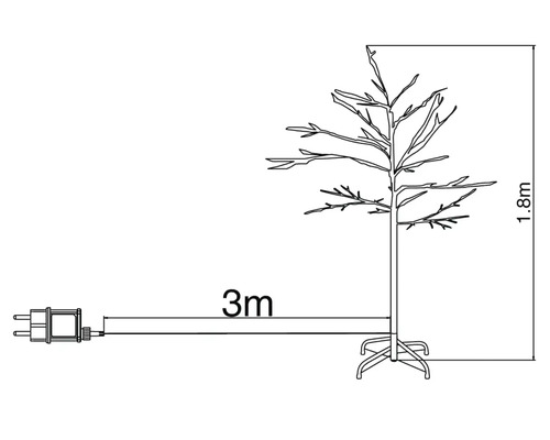 Teknisk ritning av ett 1,8 meter högt LED-träd med en matarledningslängd på 3 meter.