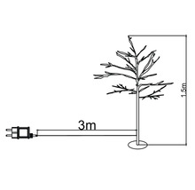 Teknisk ritning av ett träd med en höjd på 1,5 meter och en 3 meter lång kabel med kontakt.