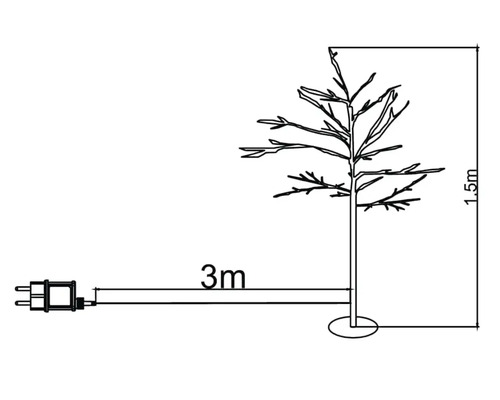 Teknisk ritning av ett träd med en höjd på 1,5 meter och en 3 meter lång kabel med kontakt.