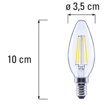Mått på en LED-lampa i form av ett ljus med E14 sockel, 10 cm lång och 3,5 cm i diameter