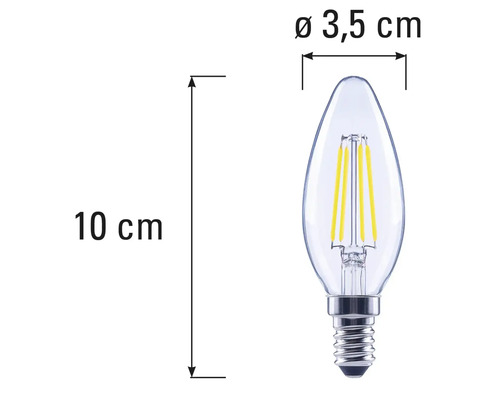 Mått på en LED-lampa i form av ett ljus med E14 sockel, 10 cm lång och 3,5 cm i diameter