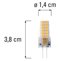 G4 LED-lampa med dimensionerna 3,8 cm längd och 1,4 cm diameter