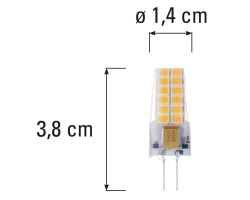 G4 LED-lampa med dimensionerna 3,8 cm längd och 1,4 cm diameter