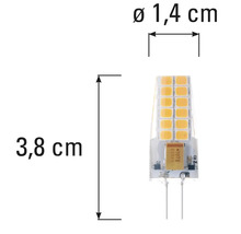 G4 lampa med måtten 3,8 cm längd och 1,4 cm diameter