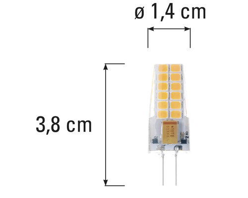 G4 lampa med måtten 3,8 cm längd och 1,4 cm diameter