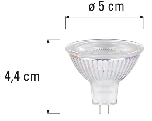 MR16-lampa med måtten 5 centimeter i diameter och 4,4 centimeter i längd