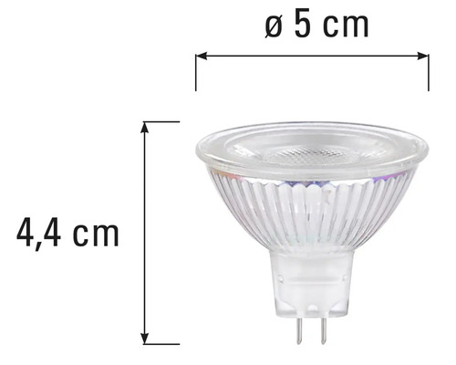 MR16-lampa med måtten 4,4 cm höjd och 5 cm diameter