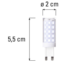 G9 LED-lampa med måtten 5,5 cm längd och 2 cm diameter