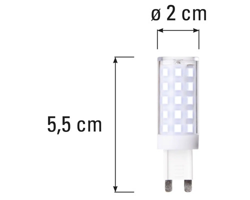 G9 LED-lampa med måtten 5,5 cm längd och 2 cm diameter