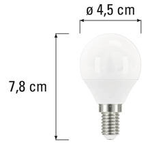E14 LED-lampa med måtten 4,5 cm i diameter och 7,8 cm i höjd