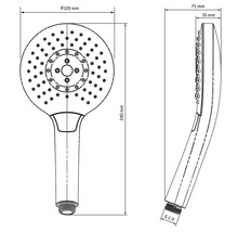 Teknisk ritning av ett handhållet duschhuvud med måtten 120 millimeter i diameter, 240 millimeter i längd och G 1/2 anslutning