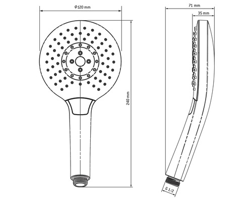 Teknisk ritning av ett handhållet duschhuvud med måtten 120 millimeter i diameter, 240 millimeter i längd och G 1/2 anslutning