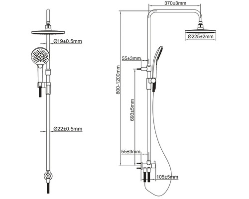 Teknisk ritning av ett duschset med mått
