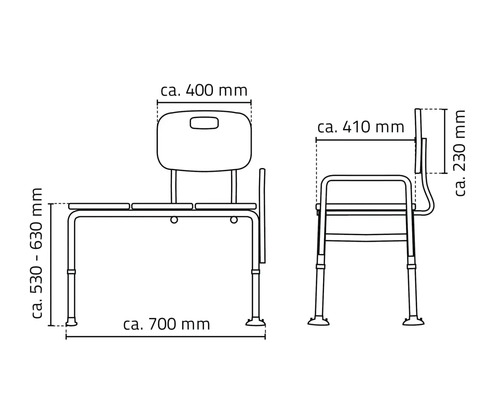 Teknisk ritning av en duschstol med mått