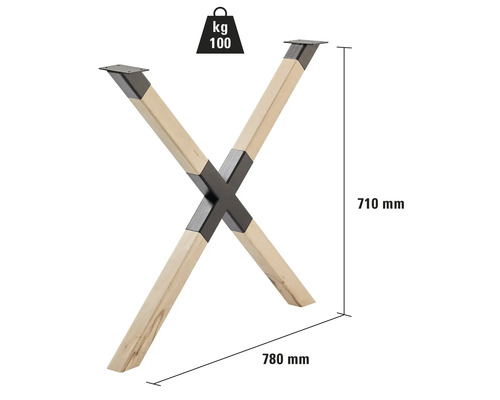 Bordsben i X-design av trä och metall, lastkapacitet 100 kg, höjd 710 mm, bredd 780 mm